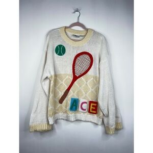 Vintage Cherokee White Yellow Tennis Theme Sweater ACE Long Sleeve Knit Preppy